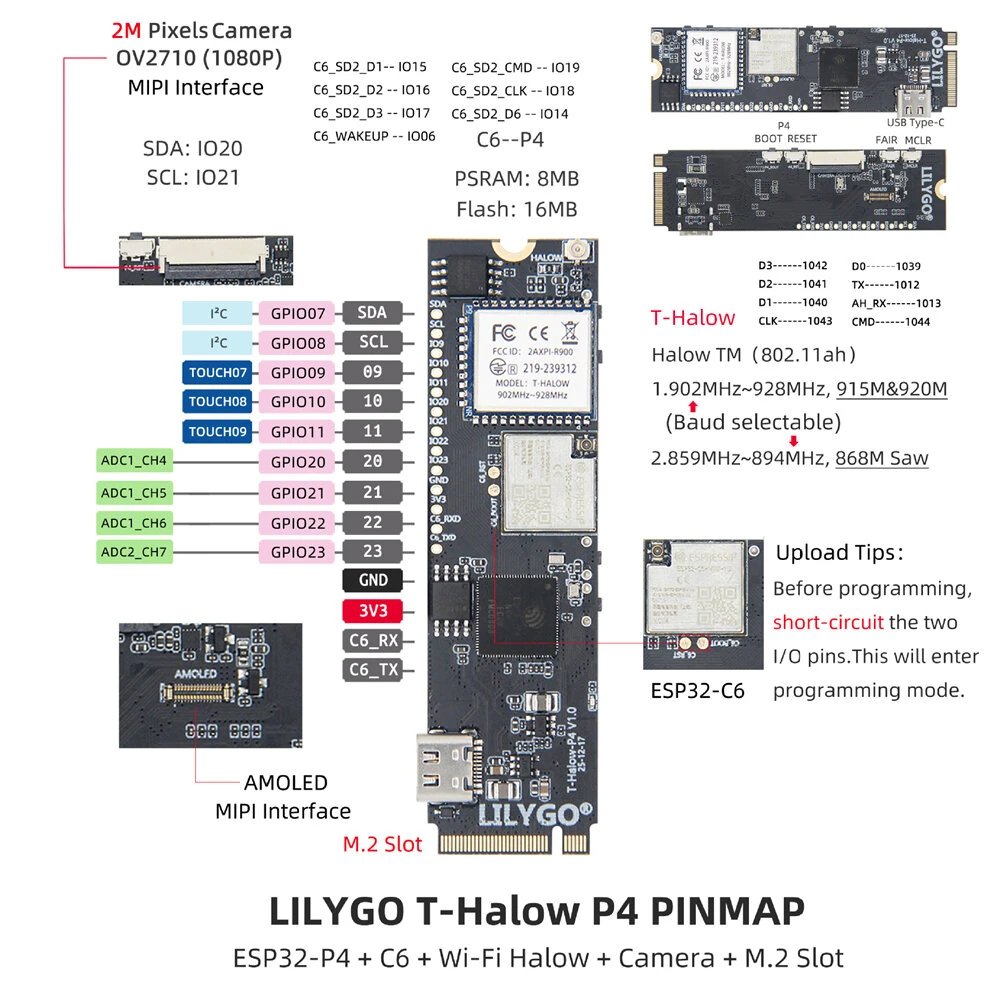 LILYGO T-Halow-P4 Development Board ESP32-P4 ESP32-C6 M.2 Slot Camera Interface WiFi Bluetooth Module — view 6
