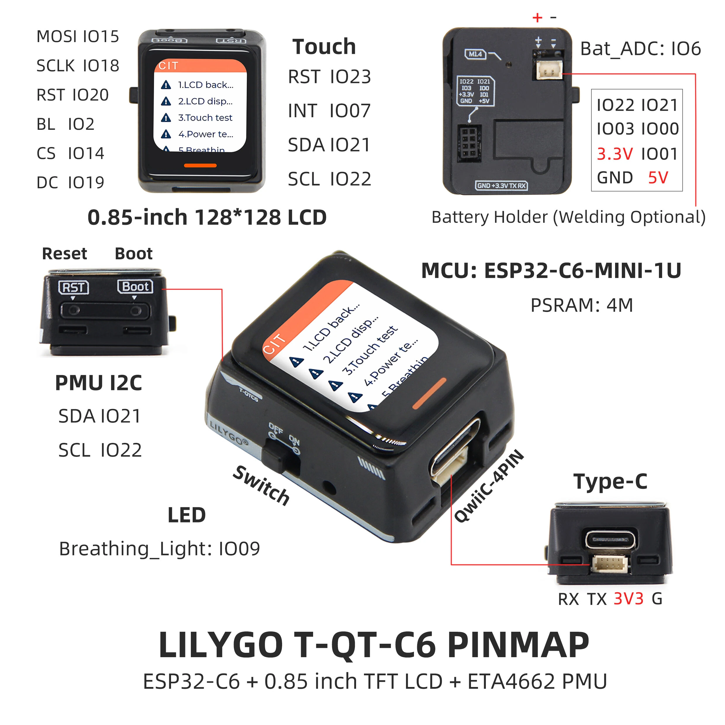 LILYGO® T-QTC6 ESP32-C6 Development Board 0.85 inch Touch LCD Display WiFi 6 Bluetooth 5 Wireless Module With Power Management — view 7