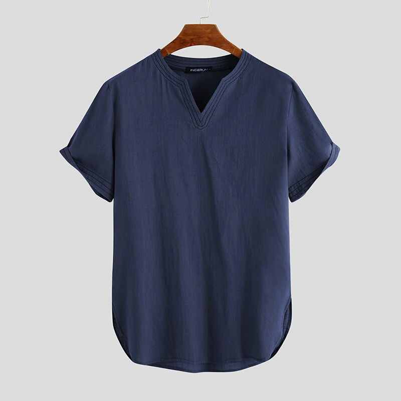 Linen Men's Short Sleeve Summer Cool Comfortable Shirt Tee Loose Tops Outdoor Hi — view 3