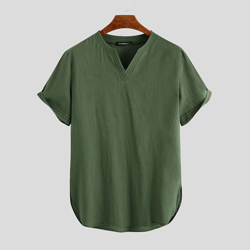 Linen Men's Short Sleeve Summer Cool Comfortable Shirt Tee Loose Tops Outdoor Hi — view 6