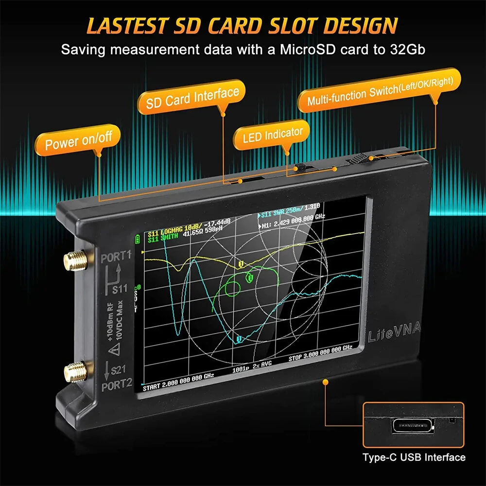 LiteVNA NanoVNA 50kHz-6.3GHz Vector Network Analyzer 4" Screen S Parameters HF VHF UHF SWR Phase Delay MicroSD Slot — view 2