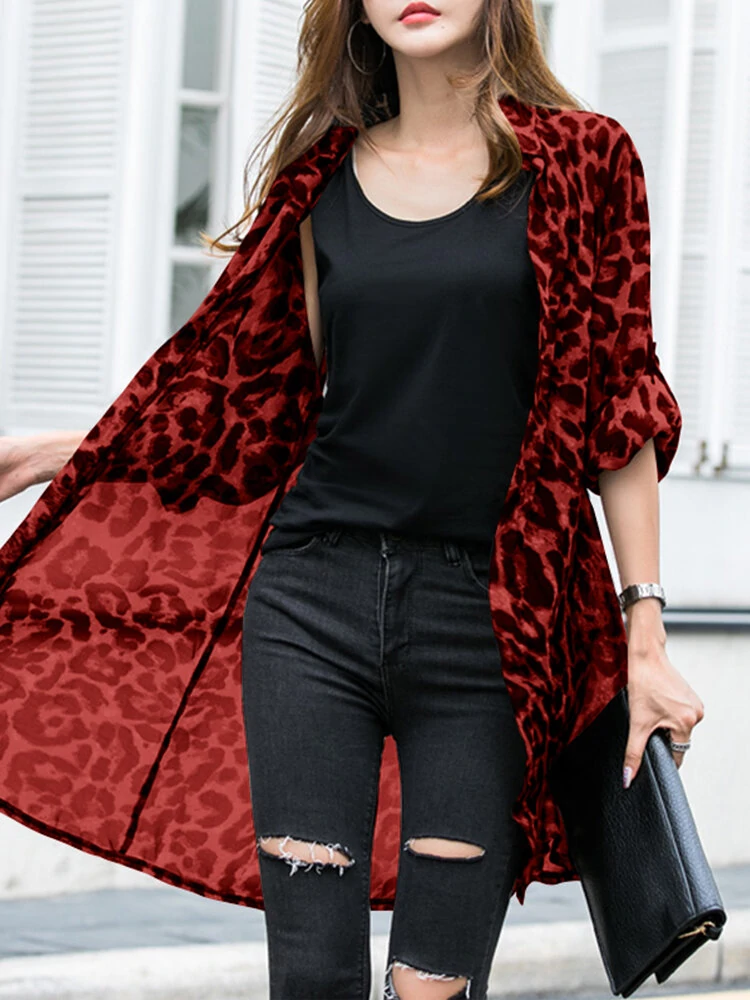 Long Sleeve Thin Light Chiffon Leopard Leisure Cardigan For Women — view 4