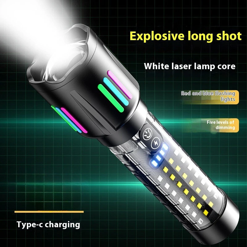 Longe Range Telescopic Zoom Whtie Spotlight LED Flashlight with Bright COB Floodlight Type-C Charging Emergency Tactical Handheld Light Multi Functional Outdoor Hiking Camping — view 4