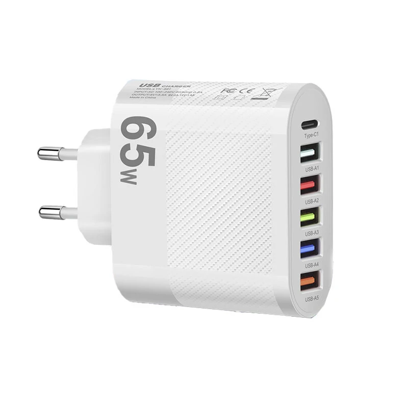 LYK-881 65W 6-Port USB Charger 5USB-A+Type-C ast Charging Wall Charger Adapter EU Plug US Plug for iPhone 12 13 14 14 Pro for Samsung Galaxy S23 for Xiaomi13pro for Oppo Reno9 — Pricio