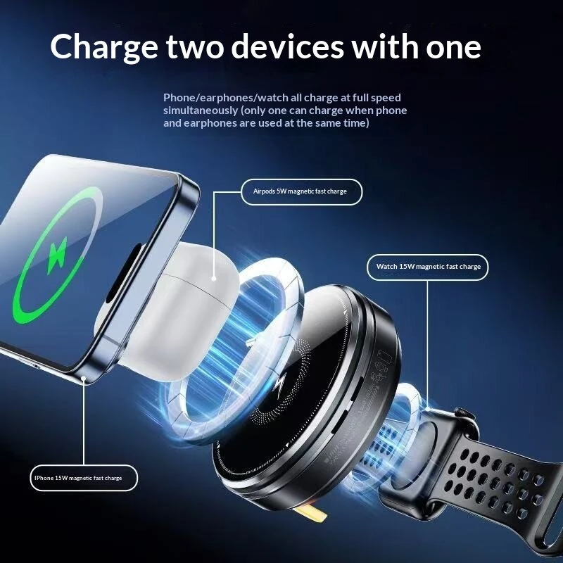 M1 15W 3-in-1 Magnetic Wireless Charger Come with 90cm Type-C Retractable Cable Fast Wireless Charging Pad for Smart Phones for iPhone 17 17Pro Max 16 15 14 for Xiaomi 17pro for Huawei Mate XTs for OPPO for Airpods for Apple Watch — view 3