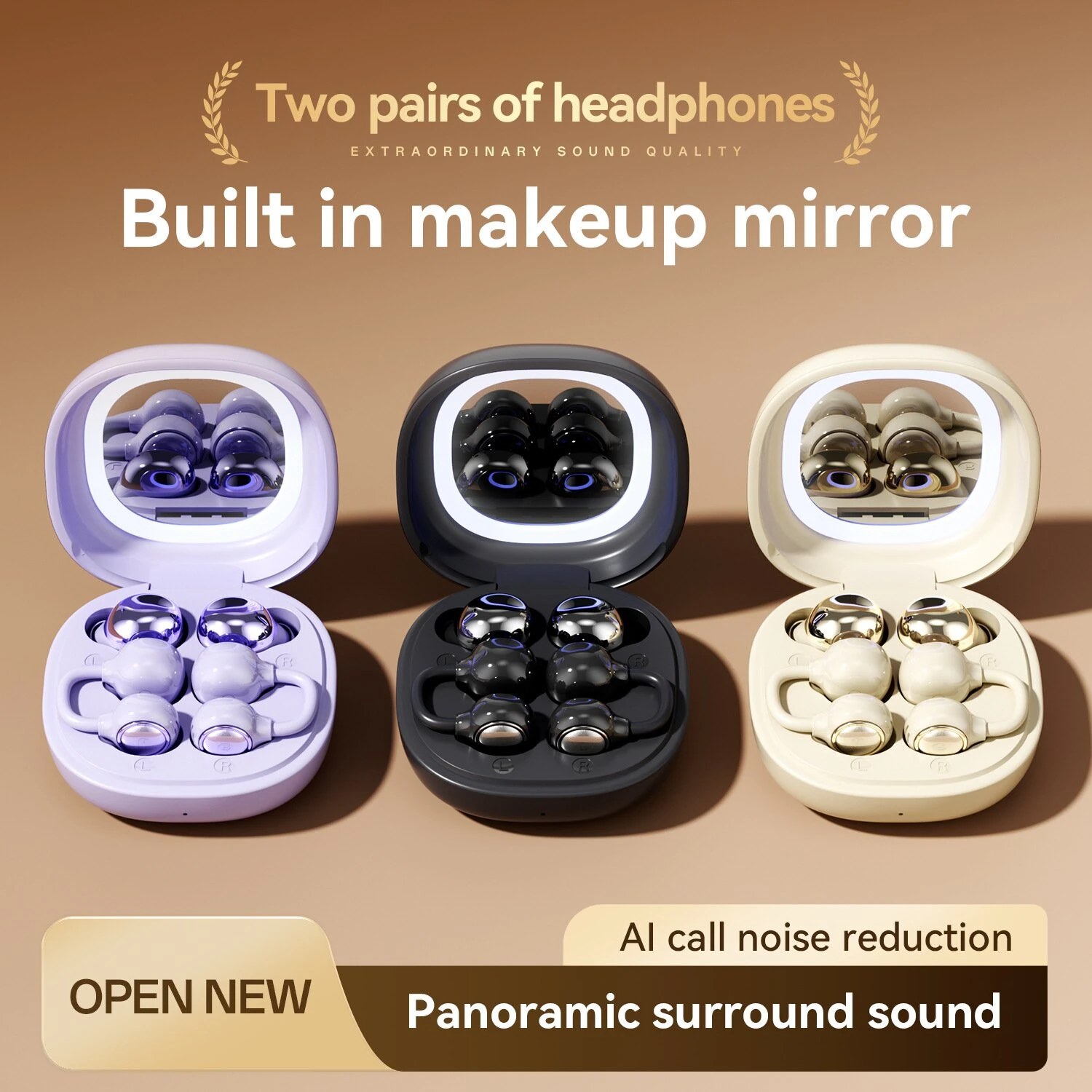 M165 Dual Earphone Design Headset Wireless bluetooth 6.0 Earphone 360° Panoramic Surround Sound DT Directional Sound Makeup Mirror Touch Control In-ear&Earhooks Dual Pairs Headphones — view 2