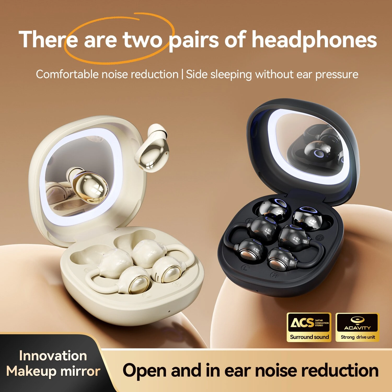 M165 Dual Earphone Design Headset Wireless bluetooth 6.0 Earphone 360° Panoramic Surround Sound DT Directional Sound Makeup Mirror Touch Control In-ear&Earhooks Dual Pairs Headphones — view 3