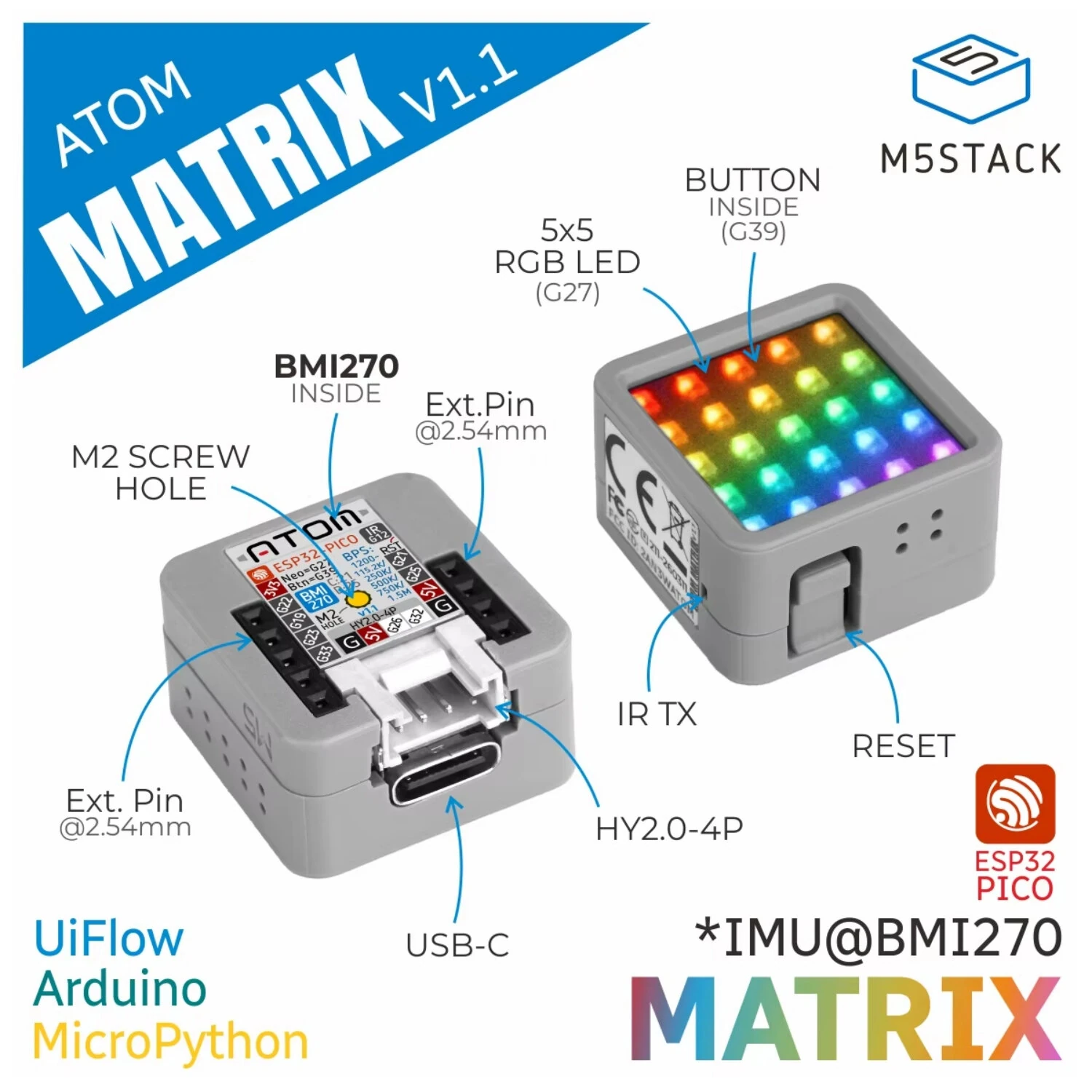 M5Stack Atom Matrix Development Kit V1.1 ESP32 5x5 RGB LED High Performance USB WIFI UiFlow MicroPython IoT module — view 2