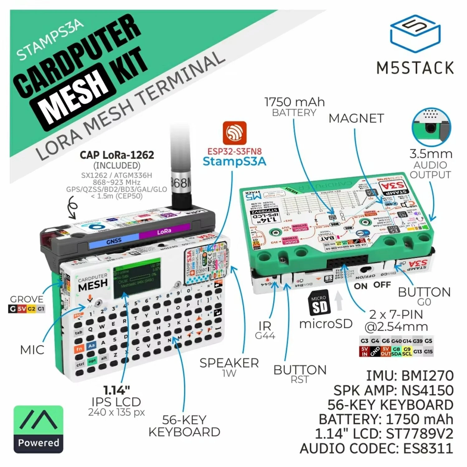M5Stack Cardputer Mesh Kit for Meshtastic ESP32-S3 High Performance SX1262 LoRa 1.14 Inch IPS LCD GNSS GPS Audio I/O USB Development Module for Home Office — view 2