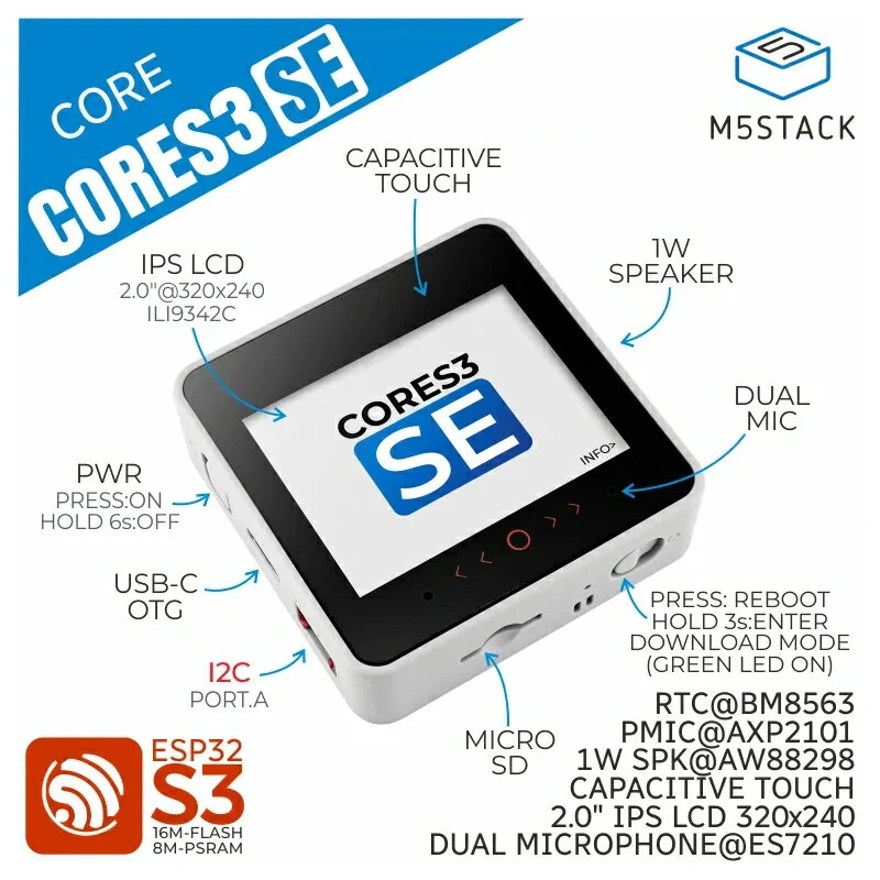 M5Stack CoreS3 SE ESP32-S3 Xtensa LX7 Smart Touch Controller 2 Inch IPS High Performance WIFI IoT Development Module — view 2