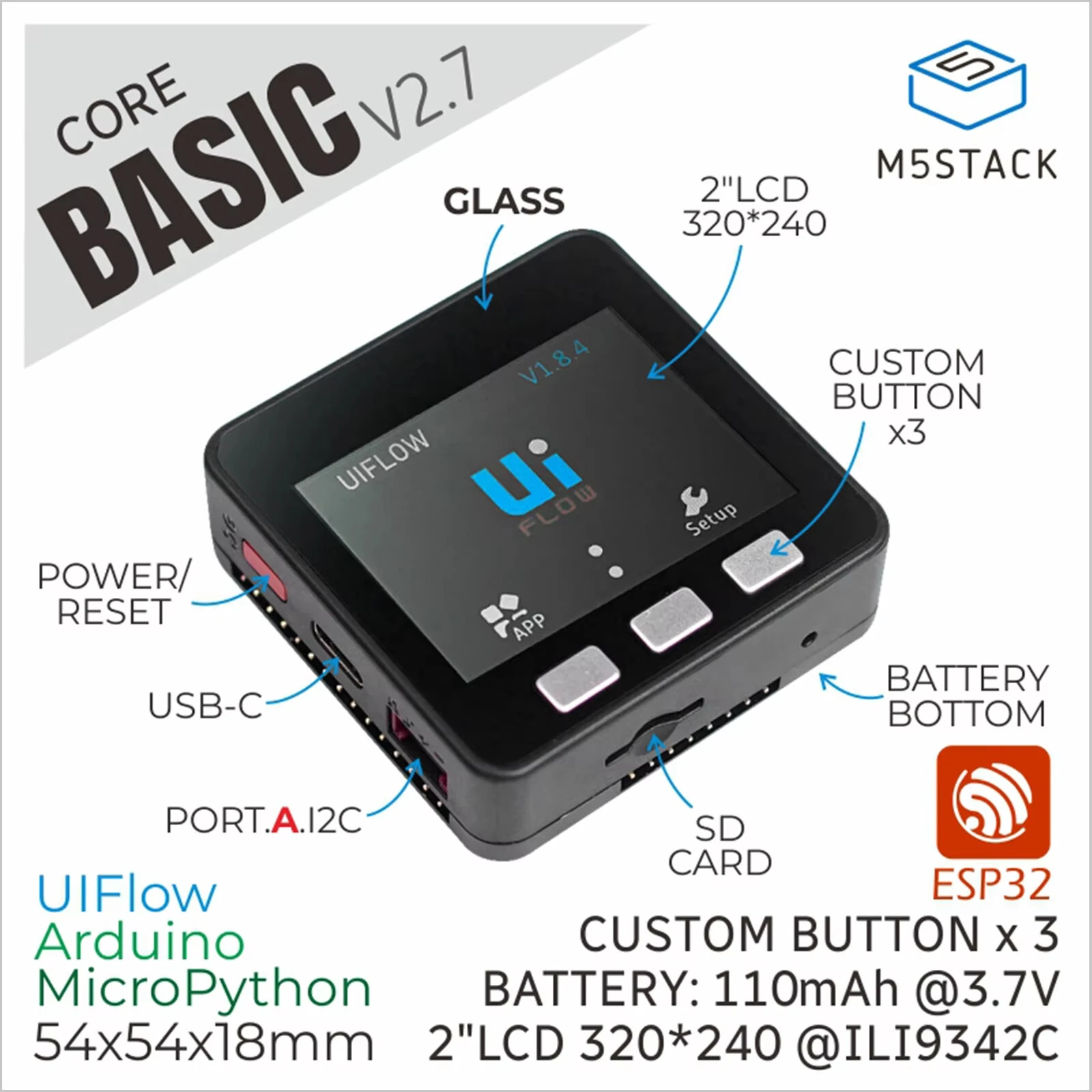 M5Stack ESP32 Basic Core IoT Development Kit V2.7 Dual Core 16MB Flash WiFi GPIO Type-C I2C Bright IPS LCD Screen — view 3