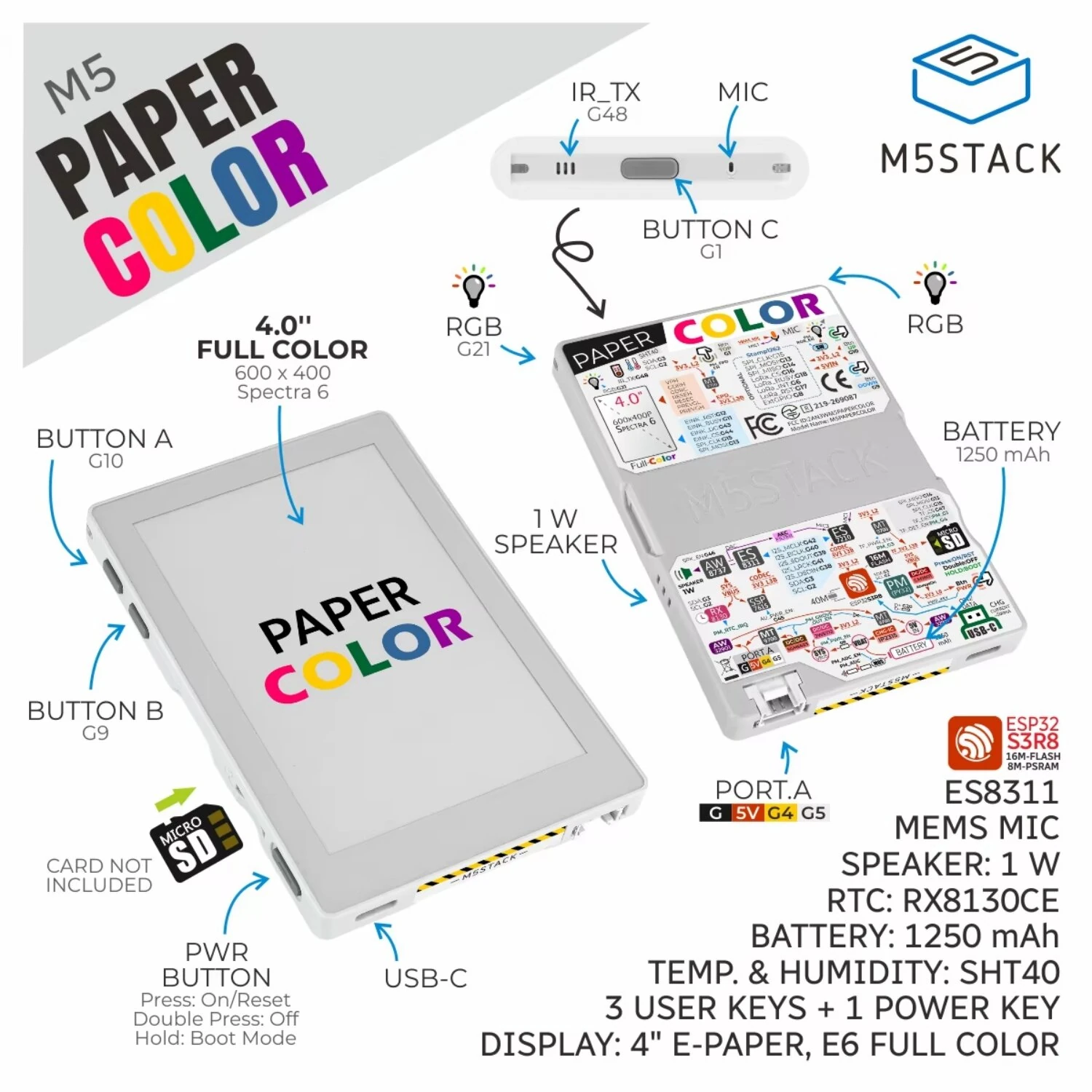 M5Stack M5Paper Color E-Paper Development Board ESP32S3 400x600 4 Inch SPECTRA 6 E-Ink Display Low Power WIFI IoT Development Module — view 2