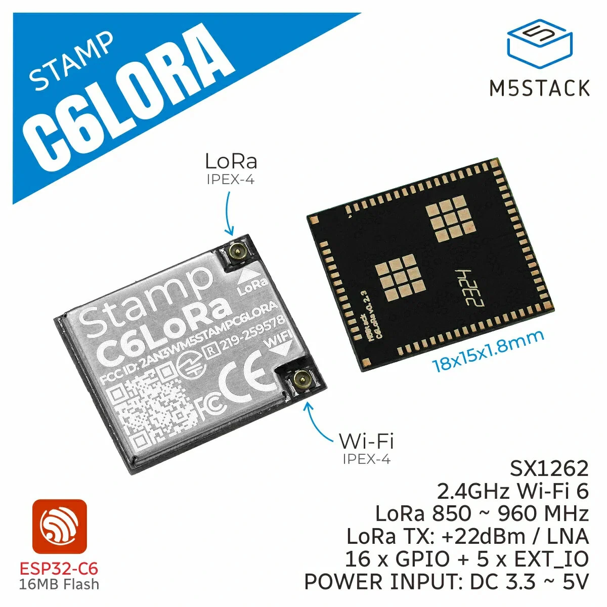 M5Stack M5Stamp C6LoRa Module ESP32-C6 SX1262 850-960MHz 2.4GHz Wi-Fi 6 Dual IPEX-4 LoRa Transceiver Module — view 5