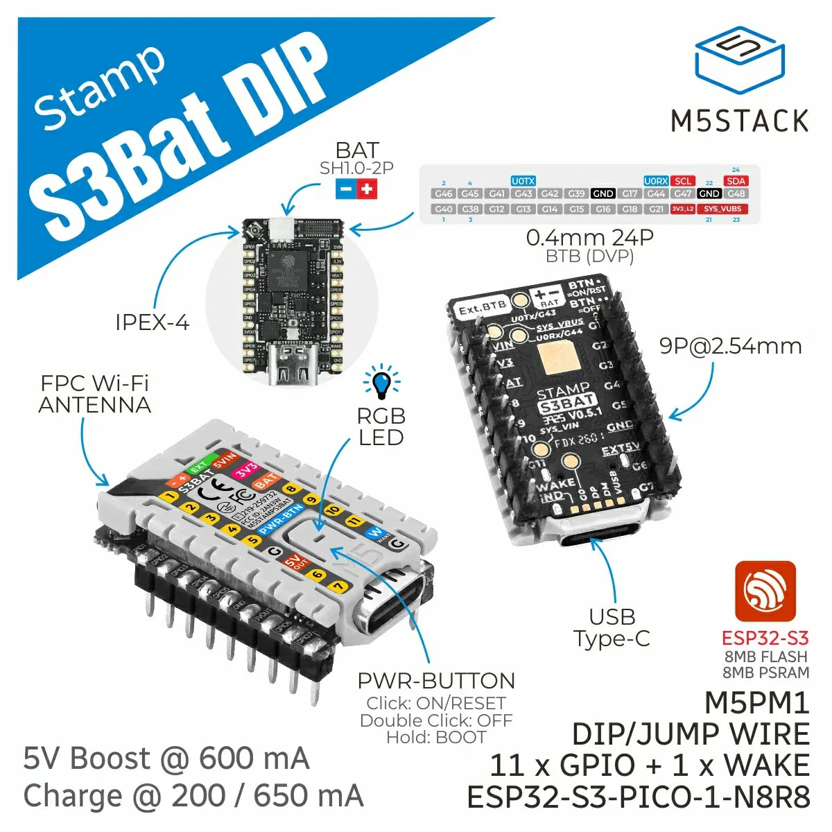 M5Stack M5StampS3 BAT Module ESP32-S3-PICO-1-N8R8 8MB Flash PSRAM 2.4GHz Wi-Fi Battery Power RGB LED with 2.54 Header Pin — view 5