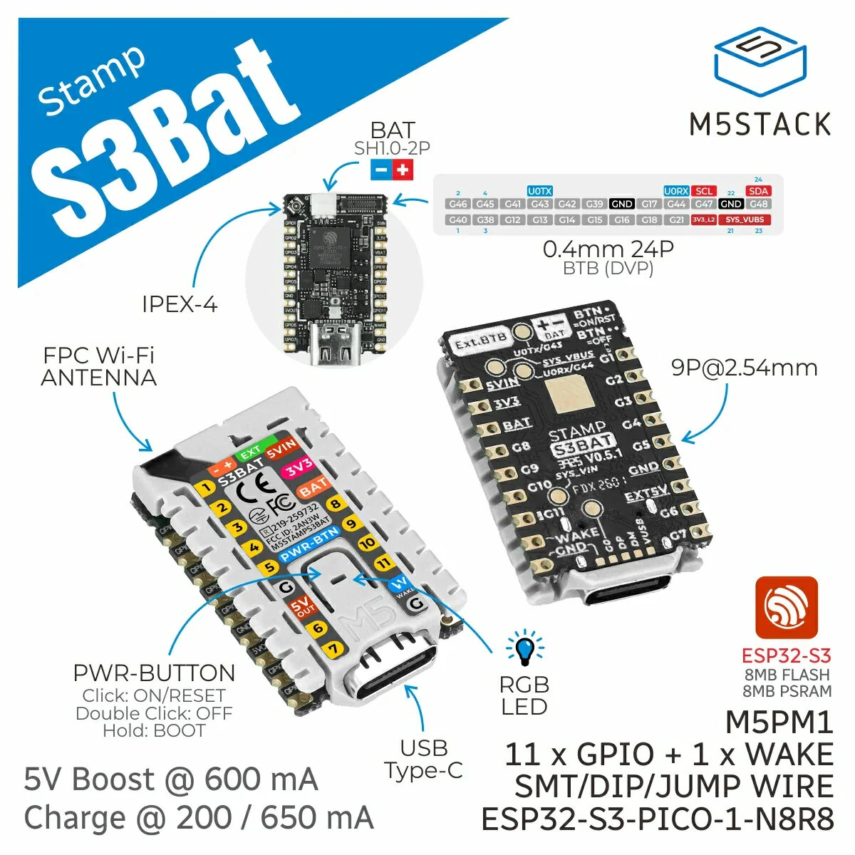 M5Stack M5StampS3 BAT Module with Battery Connector ESP32-S3-PICO-1-N8R8 8MB Flash PSRAM 2.4GHz Wi-Fi RGB LED IoT Development Board — view 5