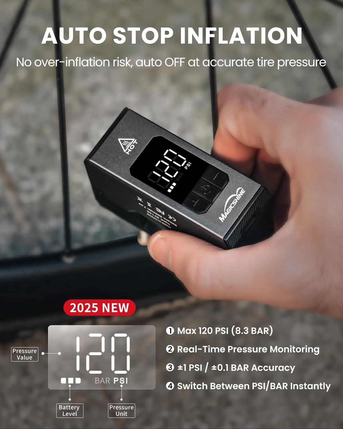 MAGICSHINE AIRRO Mini Bike Pump, Max 120 PSI Electric Bicycle Pump, Auto Stop, with Digital Pressure Gauge with Presta&Schrader, Universal for Bikes Inflation — view 2