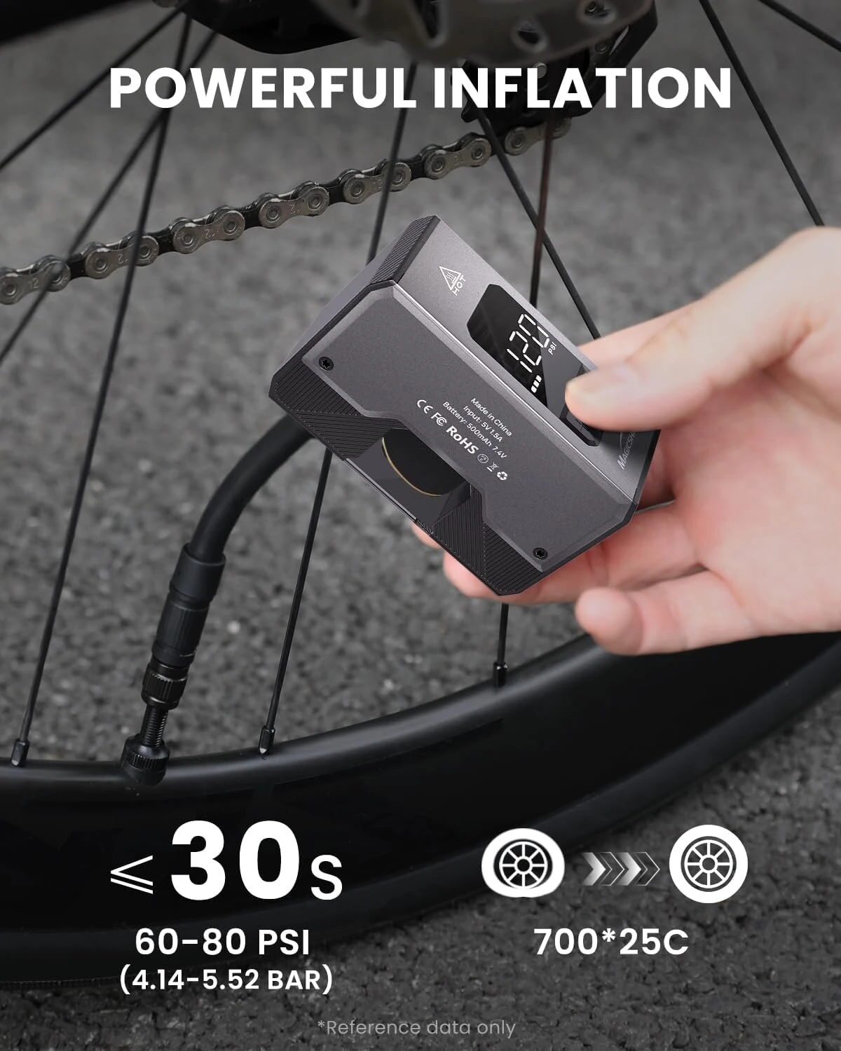 MAGICSHINE AIRRO Mini Bike Pump, Max 120 PSI Electric Bicycle Pump, Auto Stop, with Digital Pressure Gauge with Presta&Schrader, Universal for Bikes Inflation — view 5