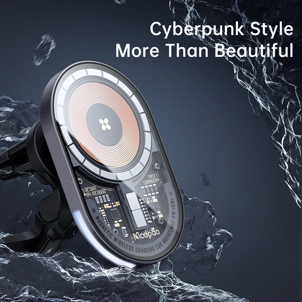 Mcdodo 15W Magnetic Wireless Charger Car Mount PD3.0 QC3.0 Fast Charging Transparent 360° Rotation Breathing Light — view 3