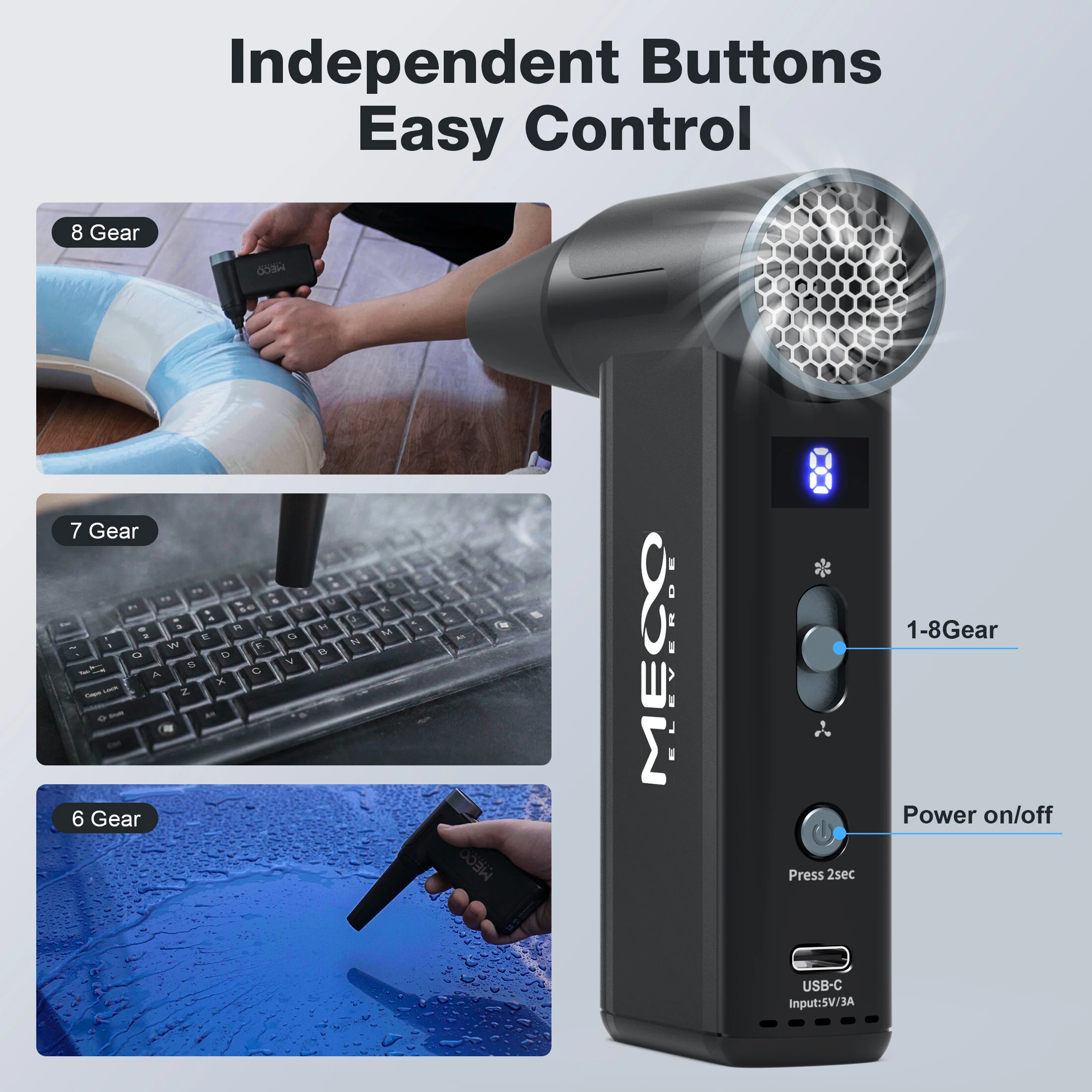 MECO ELEVERDE D1 Electric Air Duster 8-Gear to 130000RPM  Keyboard Cleaner Rechargeable Cordless for Keyboard, Car, Pet Hair — view 5