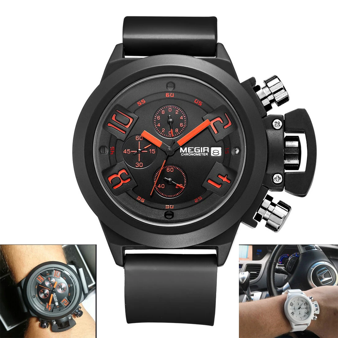 MEGIR Men Multi-functional Watch Sports Chronograph Wristwatch Waterproof Calendar Quartz Watch Comfortable Silicone Strap — MEGIR