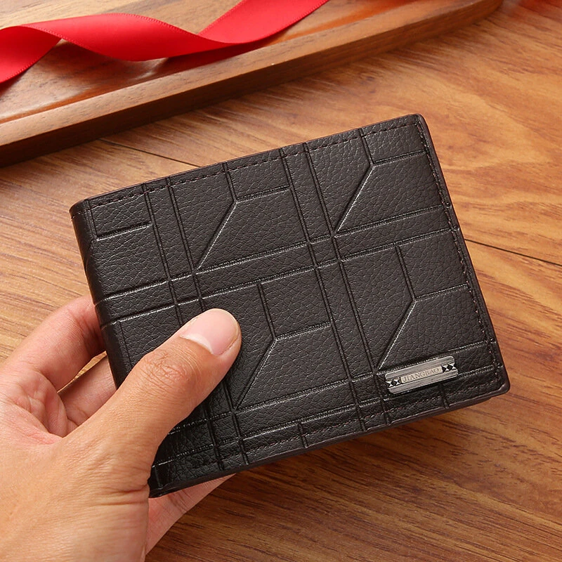 Men Bifold Wallet Fashion Soft PU Leather Money Clip Multicard Slot Card Holder Thin Purse Simple Checked Short Wallet — image 1