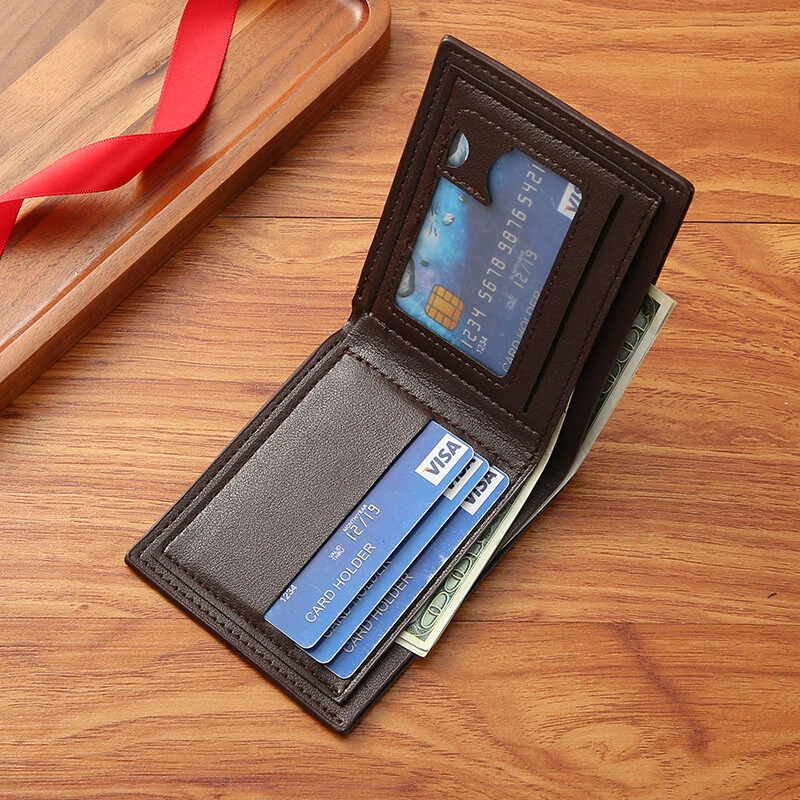 Men Bifold Wallet Fashion Soft PU Leather Money Clip Multicard Slot Card Holder Thin Purse Simple Checked Short Wallet — view 2