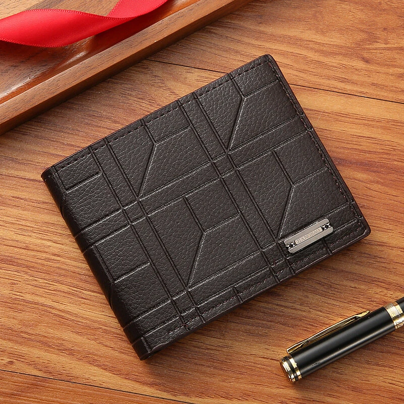 Men Bifold Wallet Fashion Soft PU Leather Money Clip Multicard Slot Card Holder Thin Purse Simple Checked Short Wallet — view 7