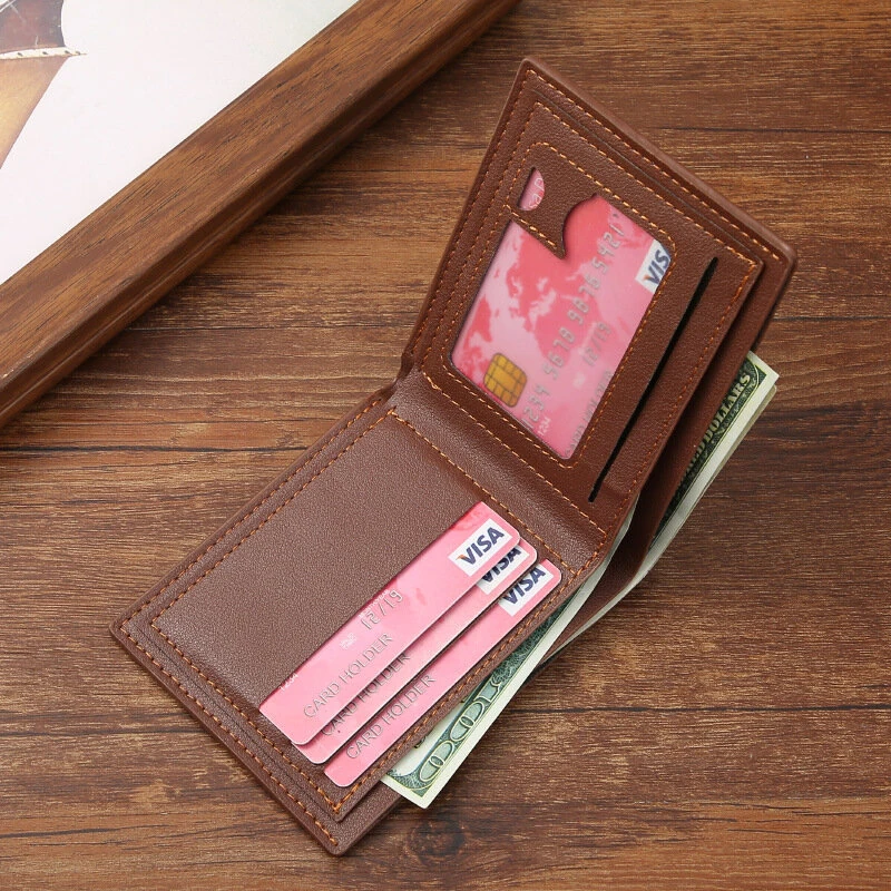 Men Casual PU Leather Short Wallets Multiple-card Slots Card Case for Men Bifold Purse Business ID Card Holder Slim Money Clip — view 3