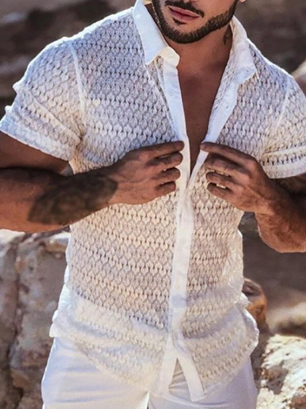 Men Lace Floral See Through Short Sleeve Lapel Collar Shirt — view 6