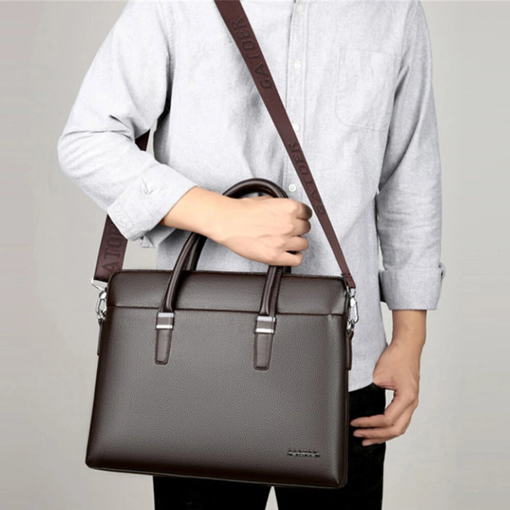 Men's Business Leather Briefcase Solid Simple Fashion 14'' Laptop Handbag Waterproof Large Capacity Shoulder Crossbody Bag — view 7