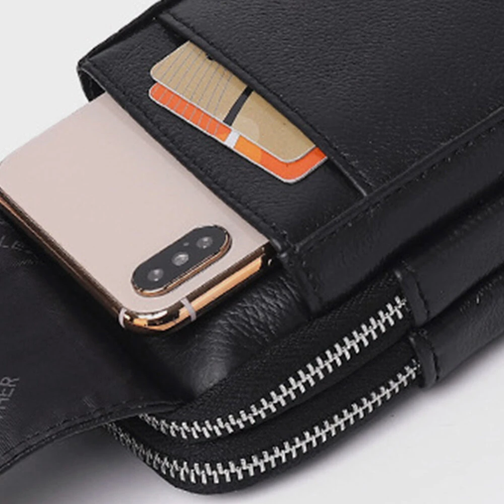 Men's Genuine Leather Zipper Waist Pack Phone Storage Waist Bag Belt Hanging Key & Card Storage Bag — view 3