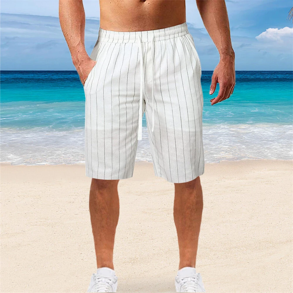 Men's Quick Dry Cotton Linen Shorts Summer Breathable Stripe Casual Gym Running Cargo Pocket Beach Five-point Pants Lightweight Comfortable — image 1