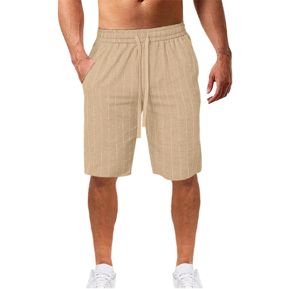 Men's Quick Dry Cotton Linen Shorts Summer Breathable Stripe Casual Gym Running Cargo Pocket Beach Five-point Pants Lightweight Comfortable — view 2