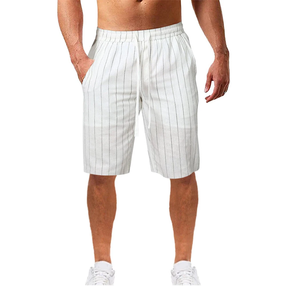 Men's Quick Dry Cotton Linen Shorts Summer Breathable Stripe Casual Gym Running Cargo Pocket Beach Five-point Pants Lightweight Comfortable — view 3