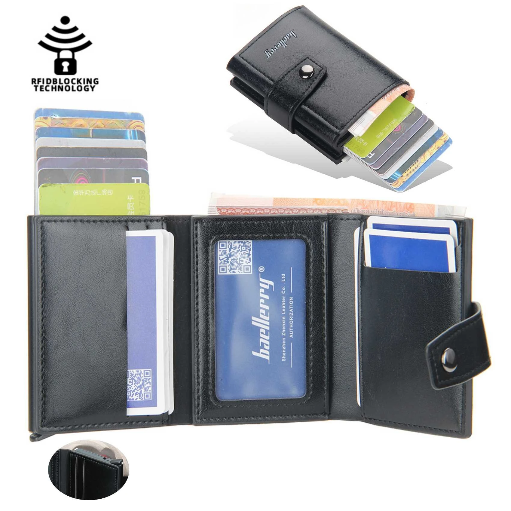 Men's RFID Blocking Trifold Auto Pοp-up Cards Holder Aluminum Box Men Buckle Coin Purse Money Clip — view 2