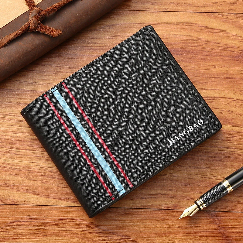 Men's Short Thin Wallet Soft Leather Multi-Card Slots Coin Purse Cross Pattern Horizontal Stitch Large Capacity Fashion Wallet — view 2
