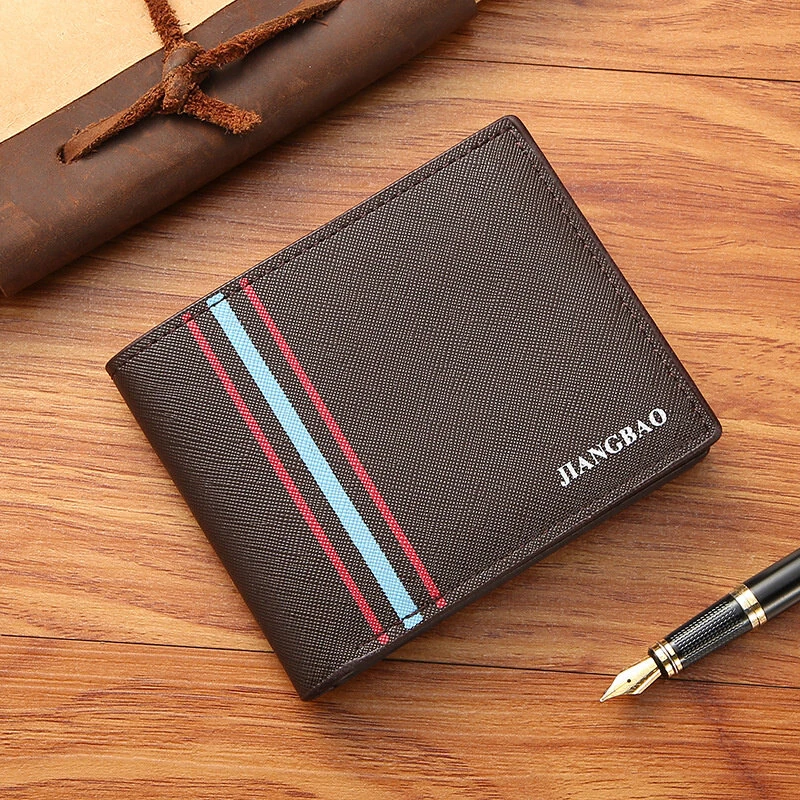 Men's Short Thin Wallet Soft Leather Multi-Card Slots Coin Purse Cross Pattern Horizontal Stitch Large Capacity Fashion Wallet — view 3