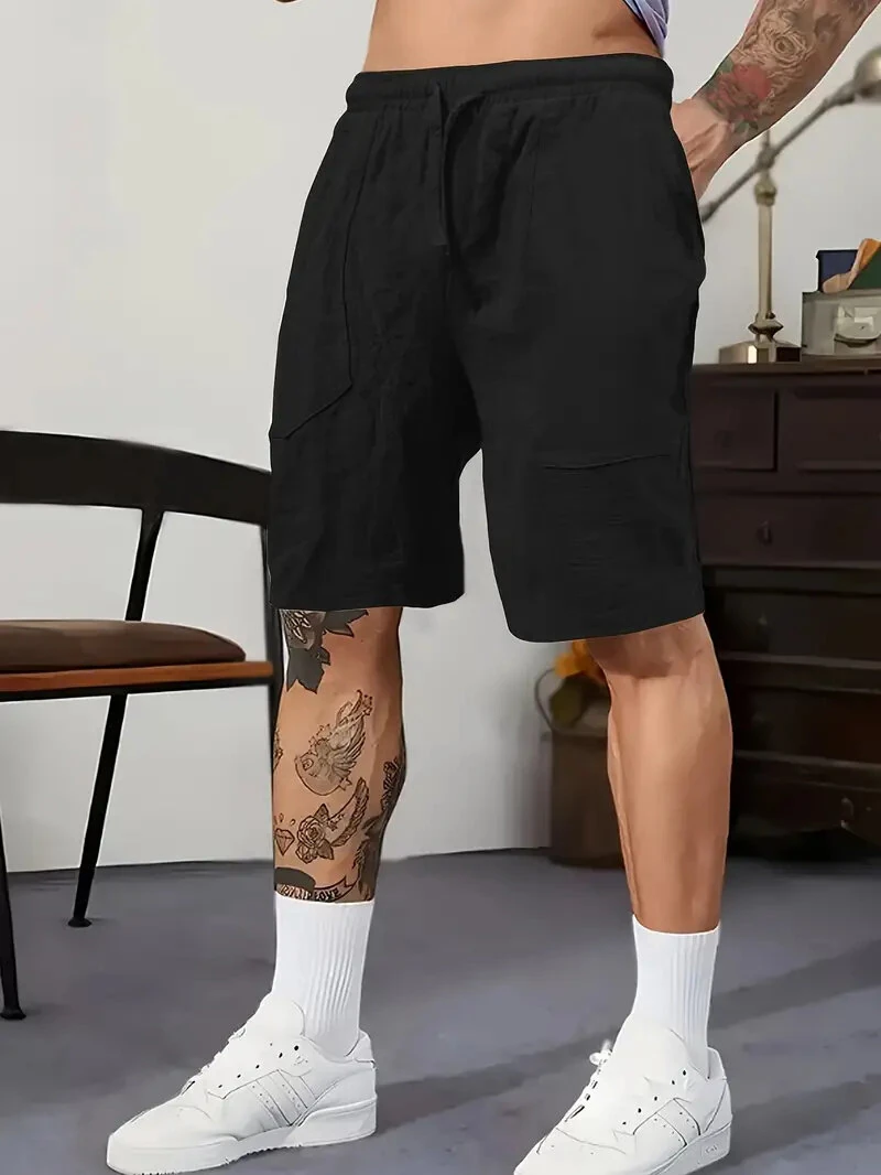 Men's Summer Cotton Linen Shorts Breathable Solid Black Drawstring Plus Size Beach Shorts Lightweight Casual Short Pants for Men Comfortable — view 2
