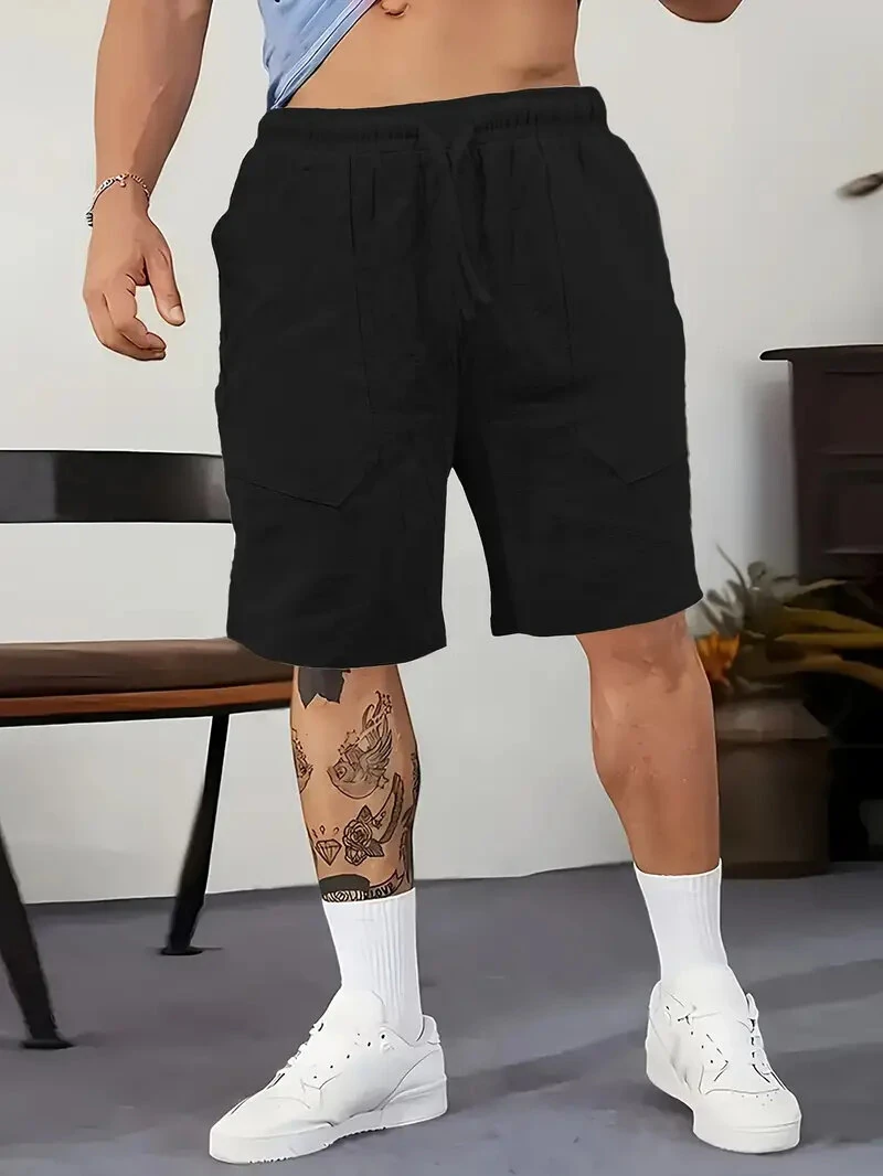 Men's Summer Cotton Linen Shorts Breathable Solid Black Drawstring Plus Size Beach Shorts Lightweight Casual Short Pants for Men Comfortable — view 3