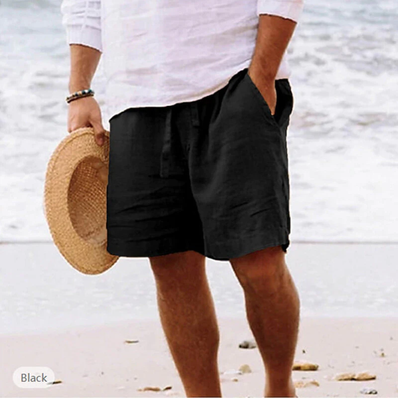 Men's Summer Cotton Linen Shorts Breathable Solid Black Drawstring Plus Size Beach Shorts Lightweight Casual Short Pants for Men Comfortable — view 9