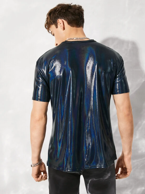 Men Shiny Coating Short Sleeve Crew Neck Skinny T-Shirt — view 2