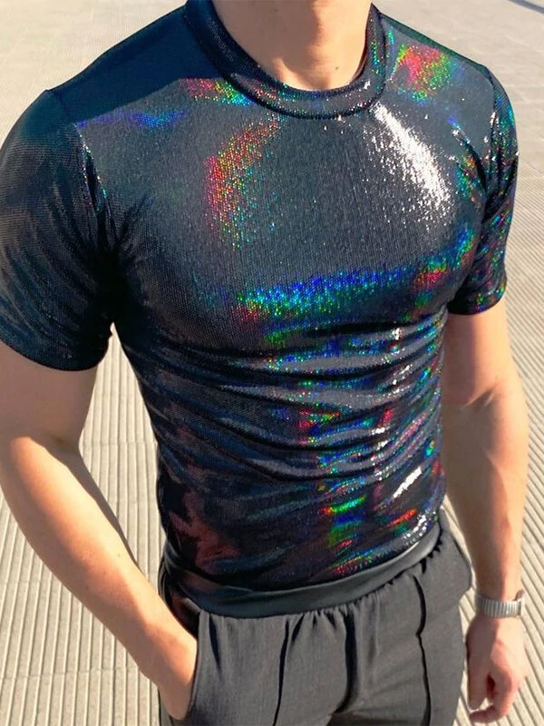 Men Shiny Coating Short Sleeve Crew Neck Skinny T-Shirt — view 3