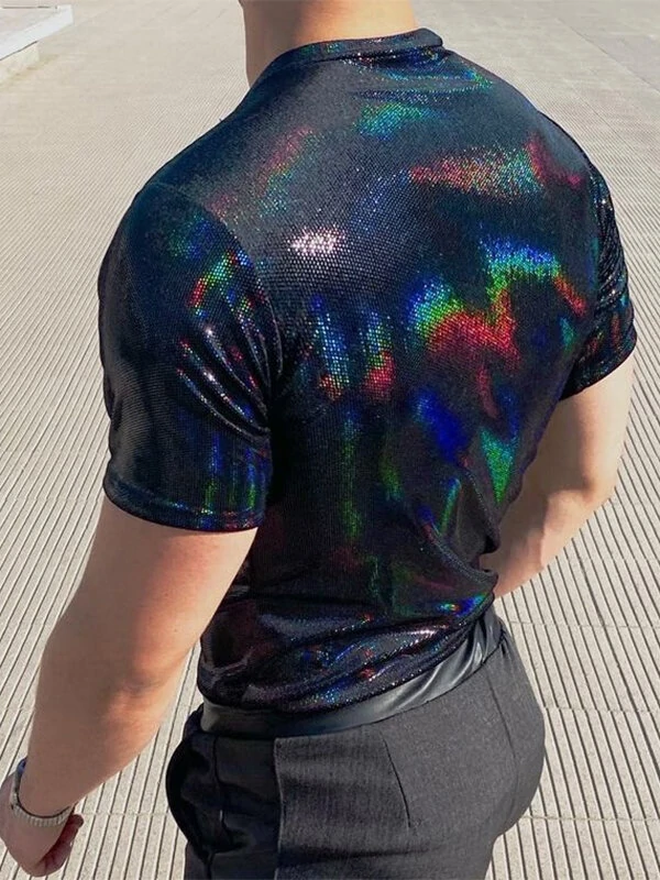 Men Shiny Coating Short Sleeve Crew Neck Skinny T-Shirt — view 4