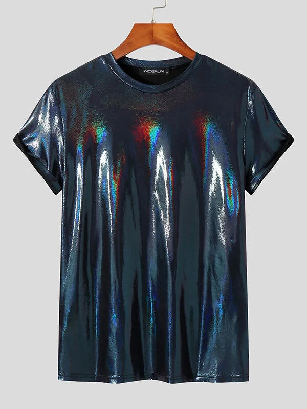 Men Shiny Coating Short Sleeve Crew Neck Skinny T-Shirt — view 5