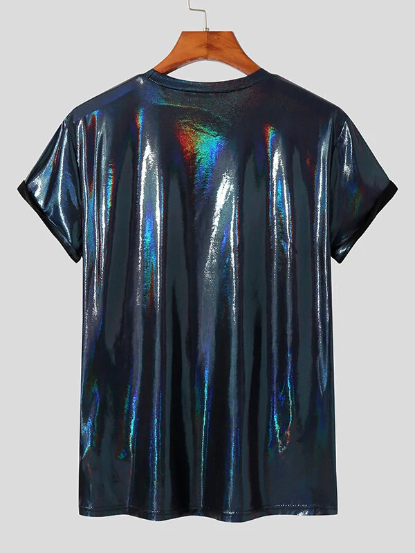 Men Shiny Coating Short Sleeve Crew Neck Skinny T-Shirt — view 6