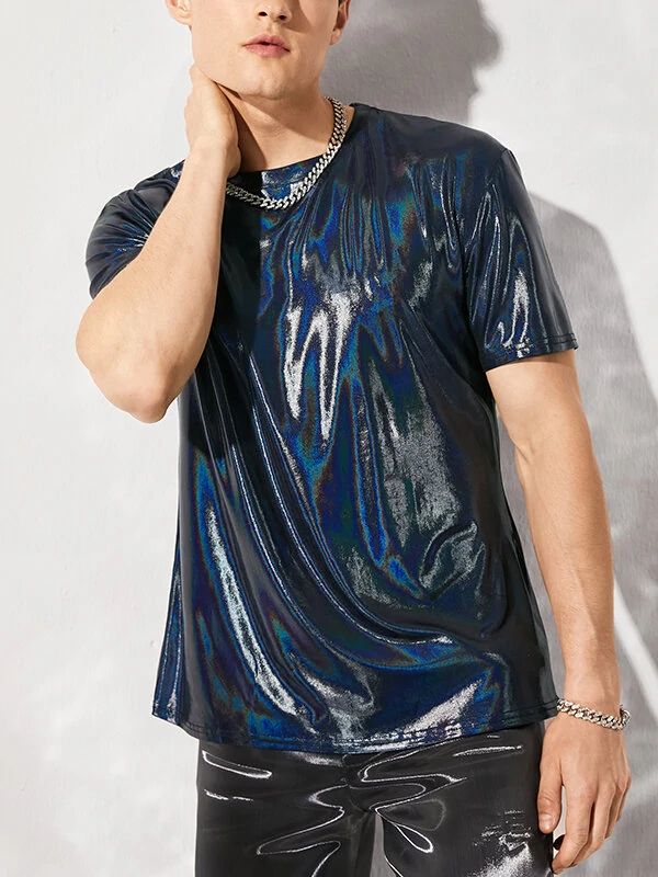 Men Shiny Coating Short Sleeve Crew Neck Skinny T-Shirt — view 8
