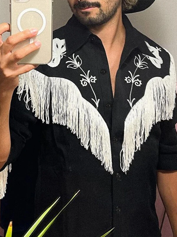 Mens Embroidered Fringe Long Sleeve Shirt — INCERUN