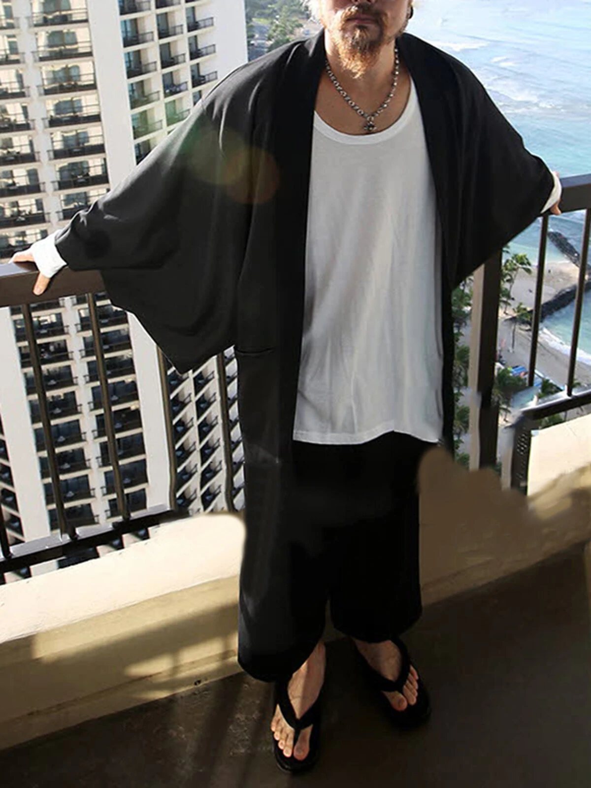 Mens Solid Cotton Loose 3/4 Sleeve Kimono — view 2