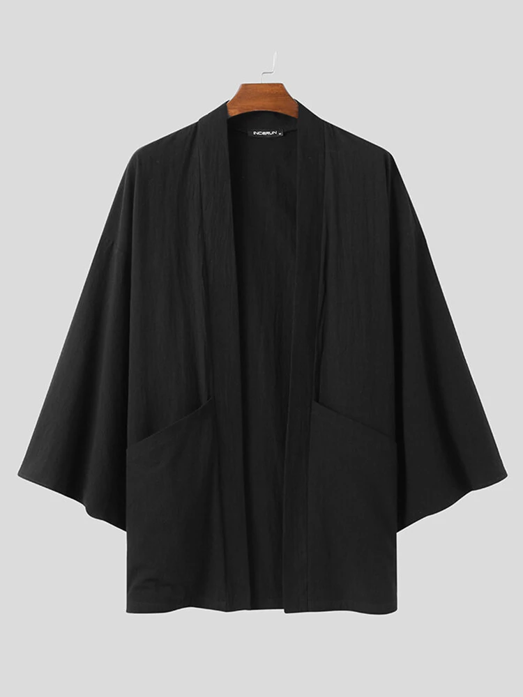 Mens Solid Cotton Loose 3/4 Sleeve Kimono — view 3