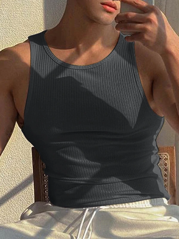 Mens Solid Crew Neck Rib-Knit Sleeveless Tank Top — view 4